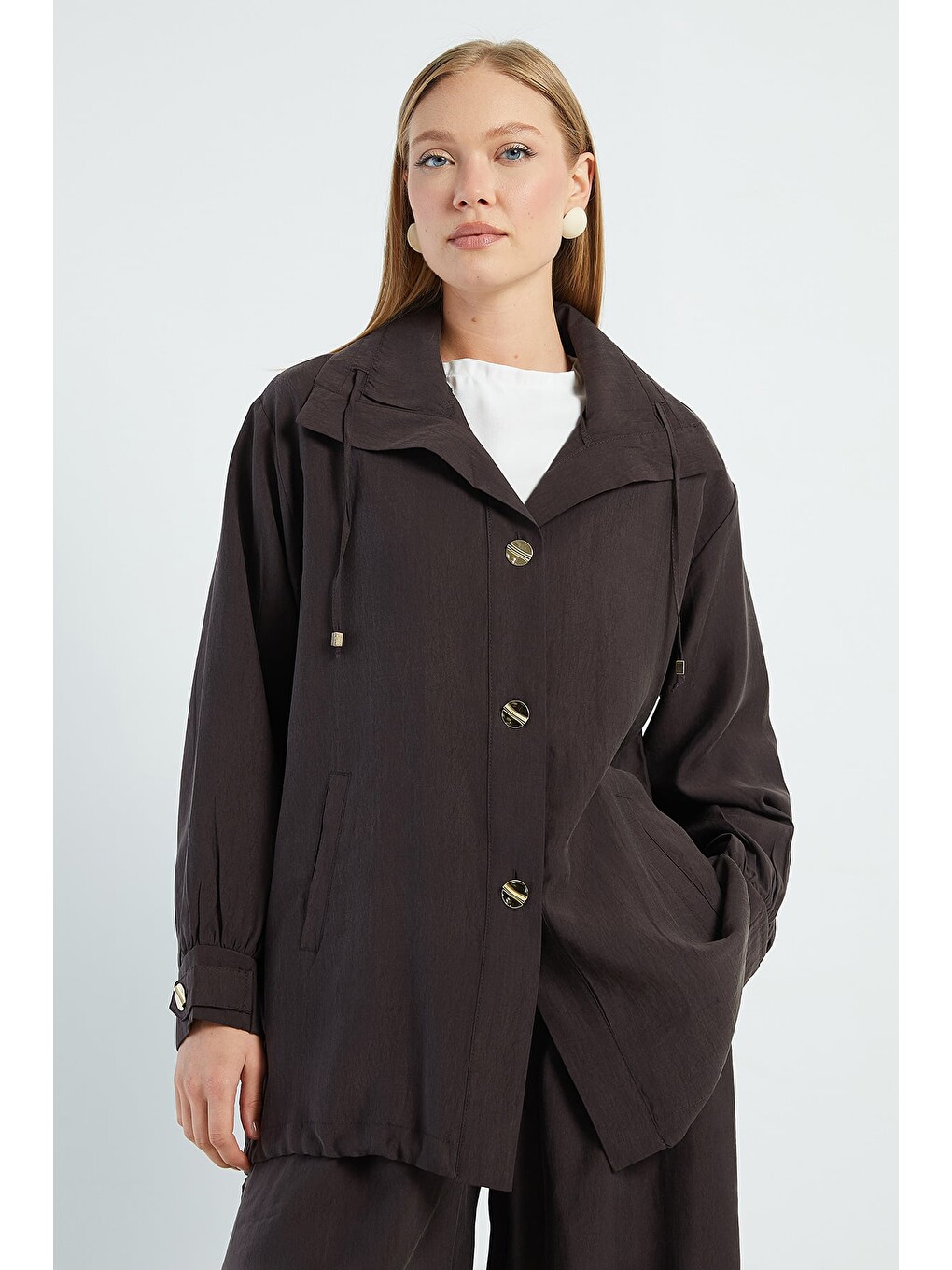Kahverengi Düğmeli Stoperli Oversize Trençkot