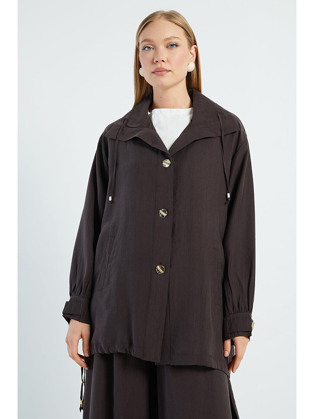 Kahverengi Düğmeli Stoperli Oversize Trençkot-1