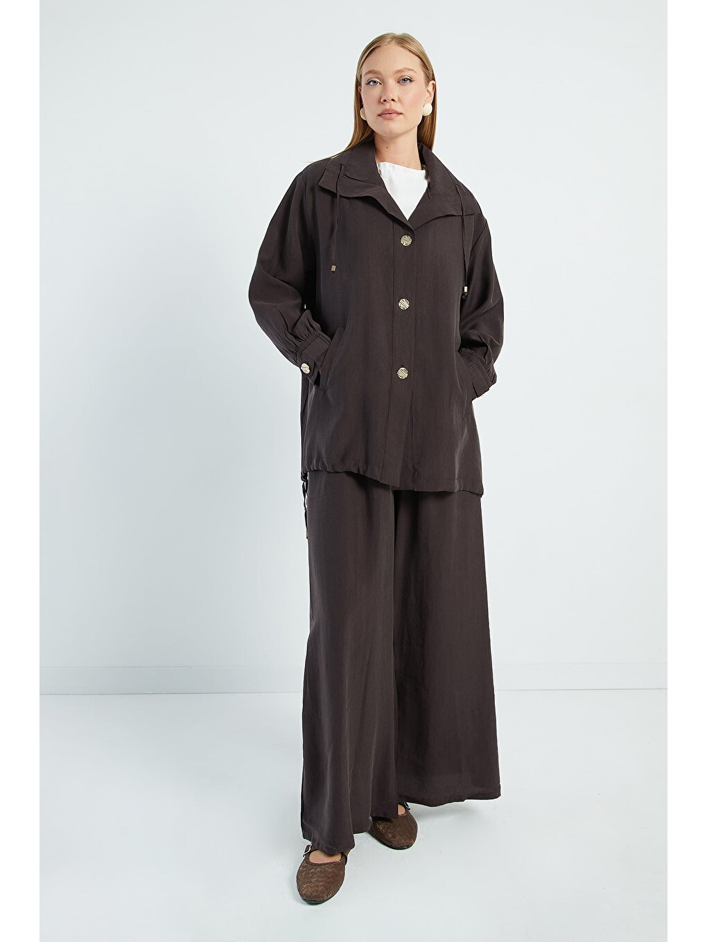 Kahverengi Düğmeli Stoperli Oversize Trençkot-3