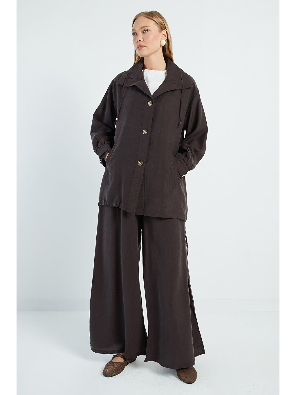 Kahverengi Düğmeli Stoperli Oversize Trençkot-4