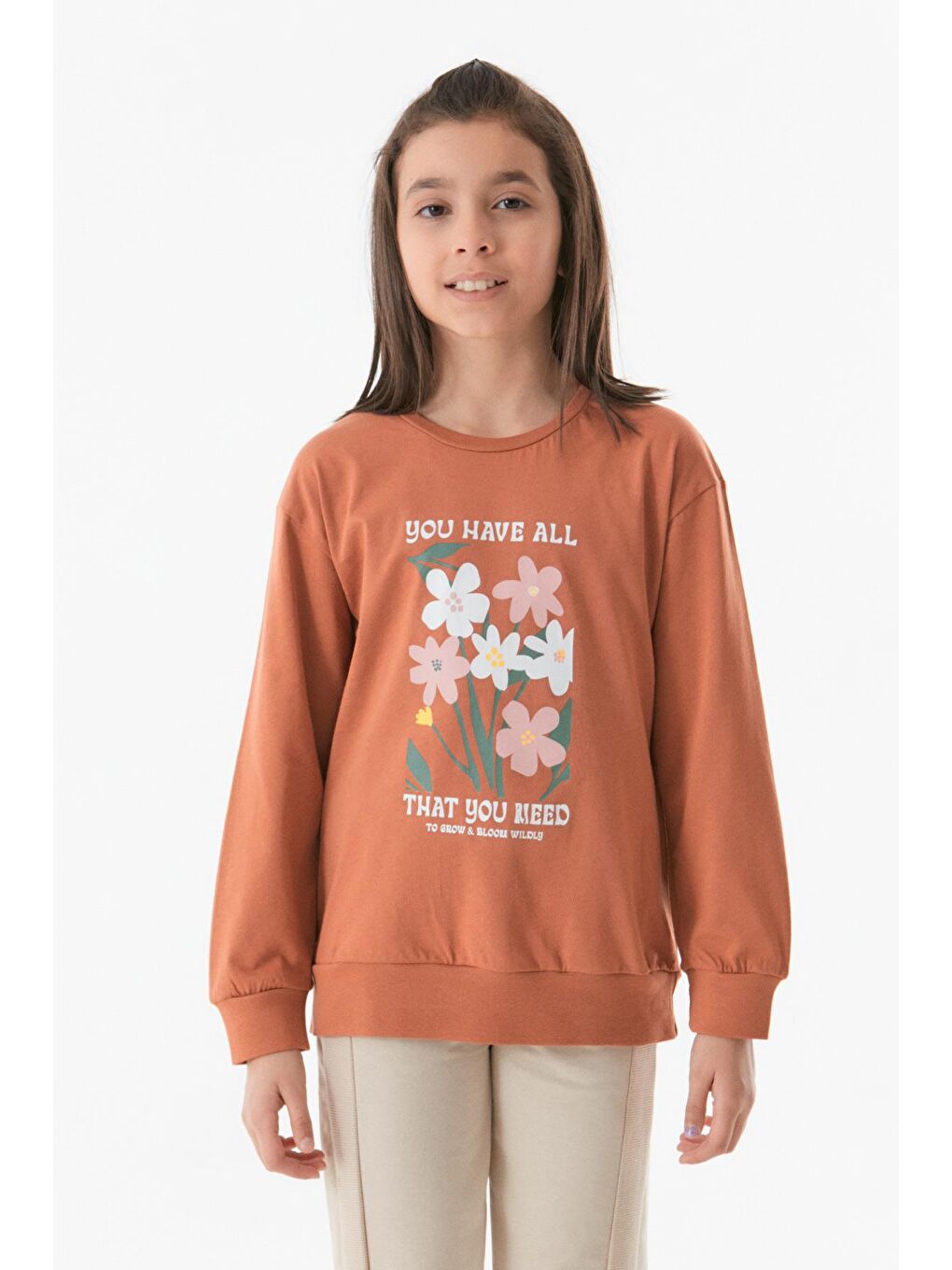 Kahverengi Baskılı Bisiklet Yaka Kız Çocuk Sweatshirt