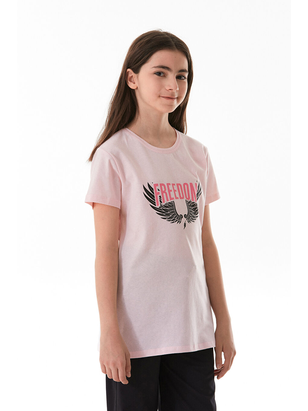 Pembe %100 Pamuk Freedom Yazı Baskılı Kız Çocuk Tişört