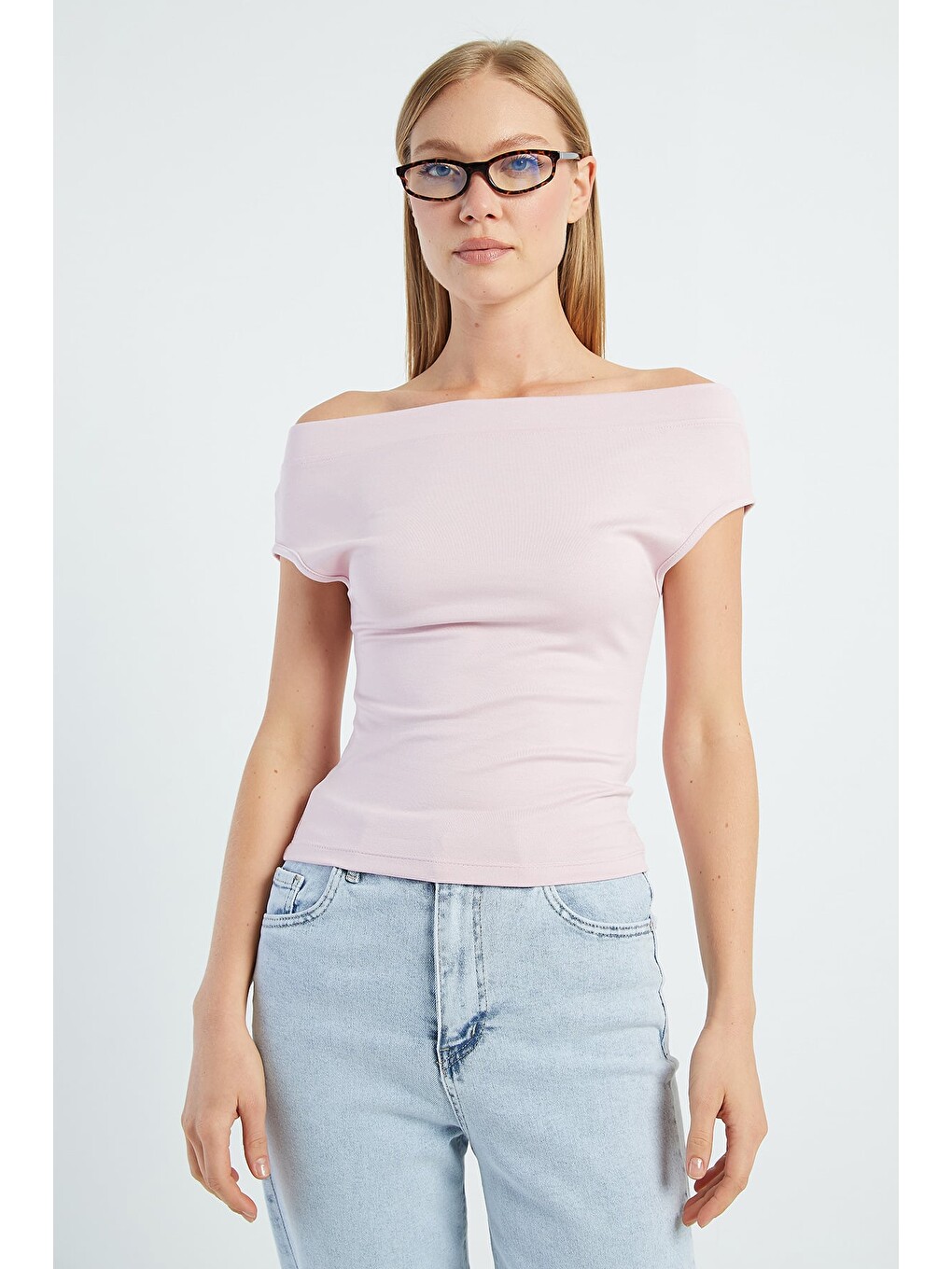 Pembe Basic Madonna Yaka Slim Fit Bluz