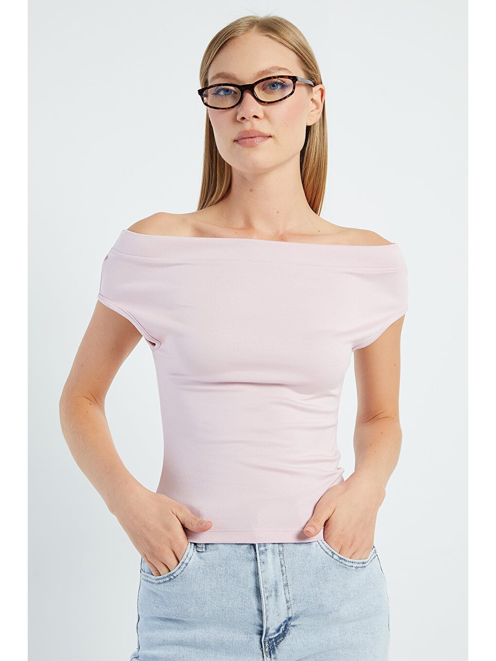 Pembe Basic Madonna Yaka Slim Fit Bluz-1