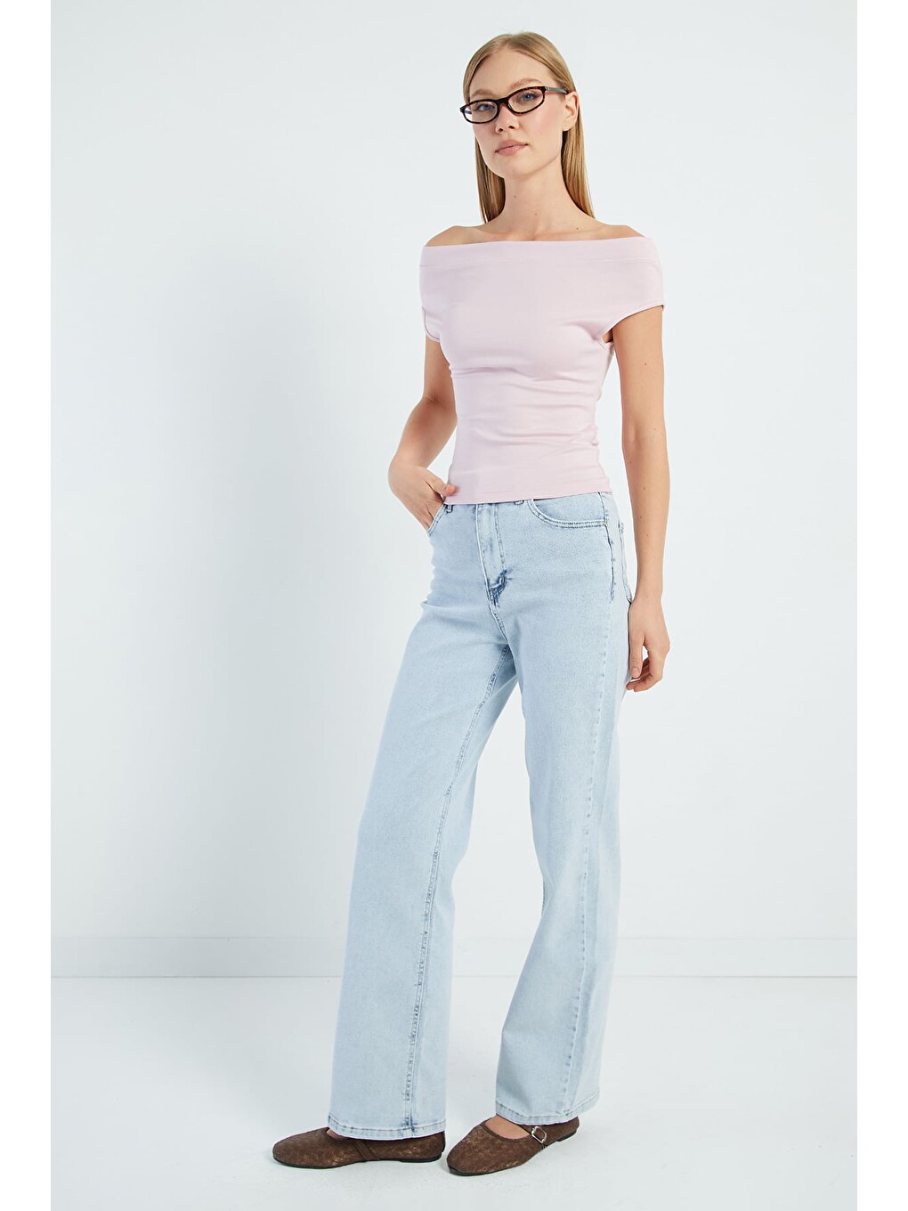 Pembe Basic Madonna Yaka Slim Fit Bluz-2