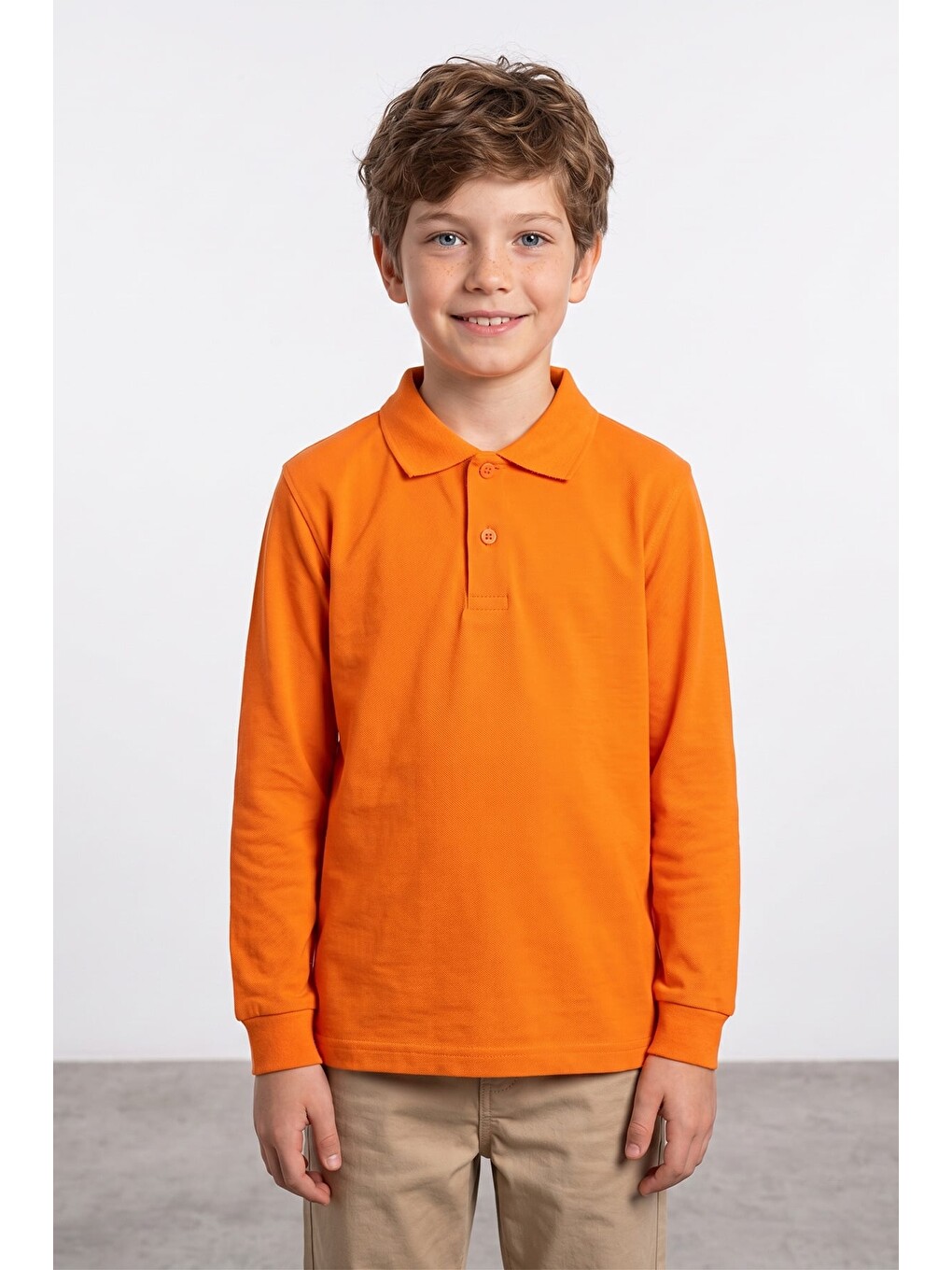 Turuncu Basic Polo Yaka Uzun Kollu Unisex Çocuk Sweatshirt-1