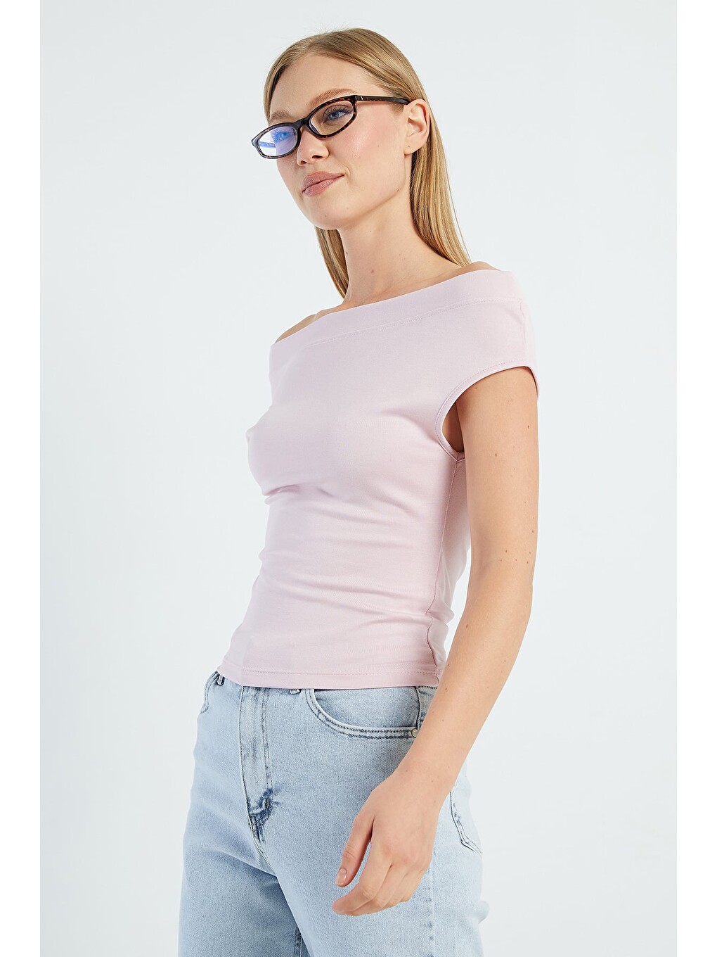 Pembe Basic Madonna Yaka Slim Fit Bluz-3