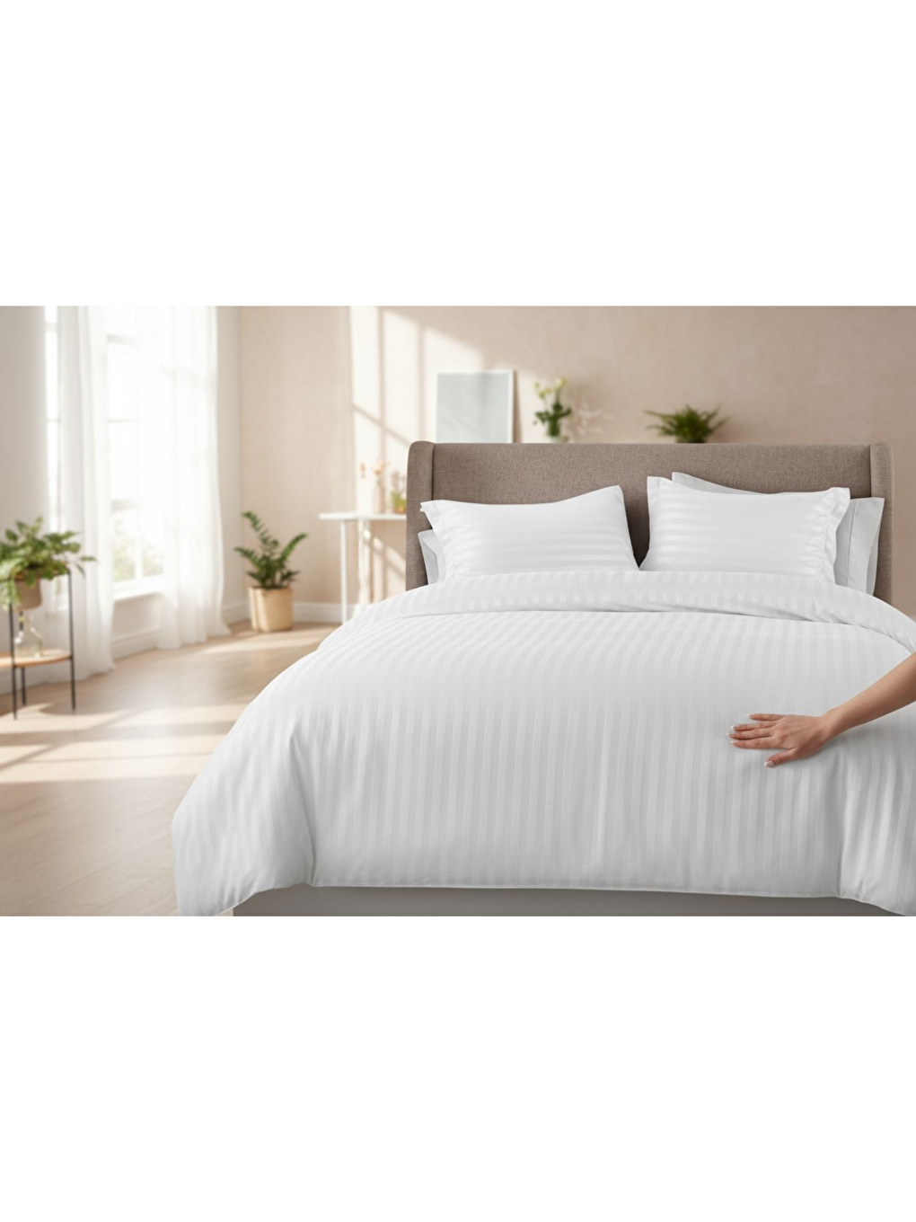 Beyaz Nivora Çizgili Pamuk Saten Nevresim Takımı | Çift Kişilik | 83 Tel Otel Serisi | King Size 220x230-2