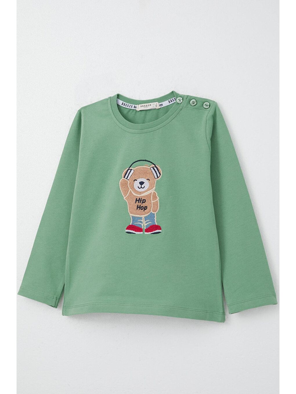 Turkuaz Erkek Bebek Uzun Kollu Tişört Hip Hop Ayıcık Nakışlı Mint Yeşili (9 Ay-3 Yaş)-2