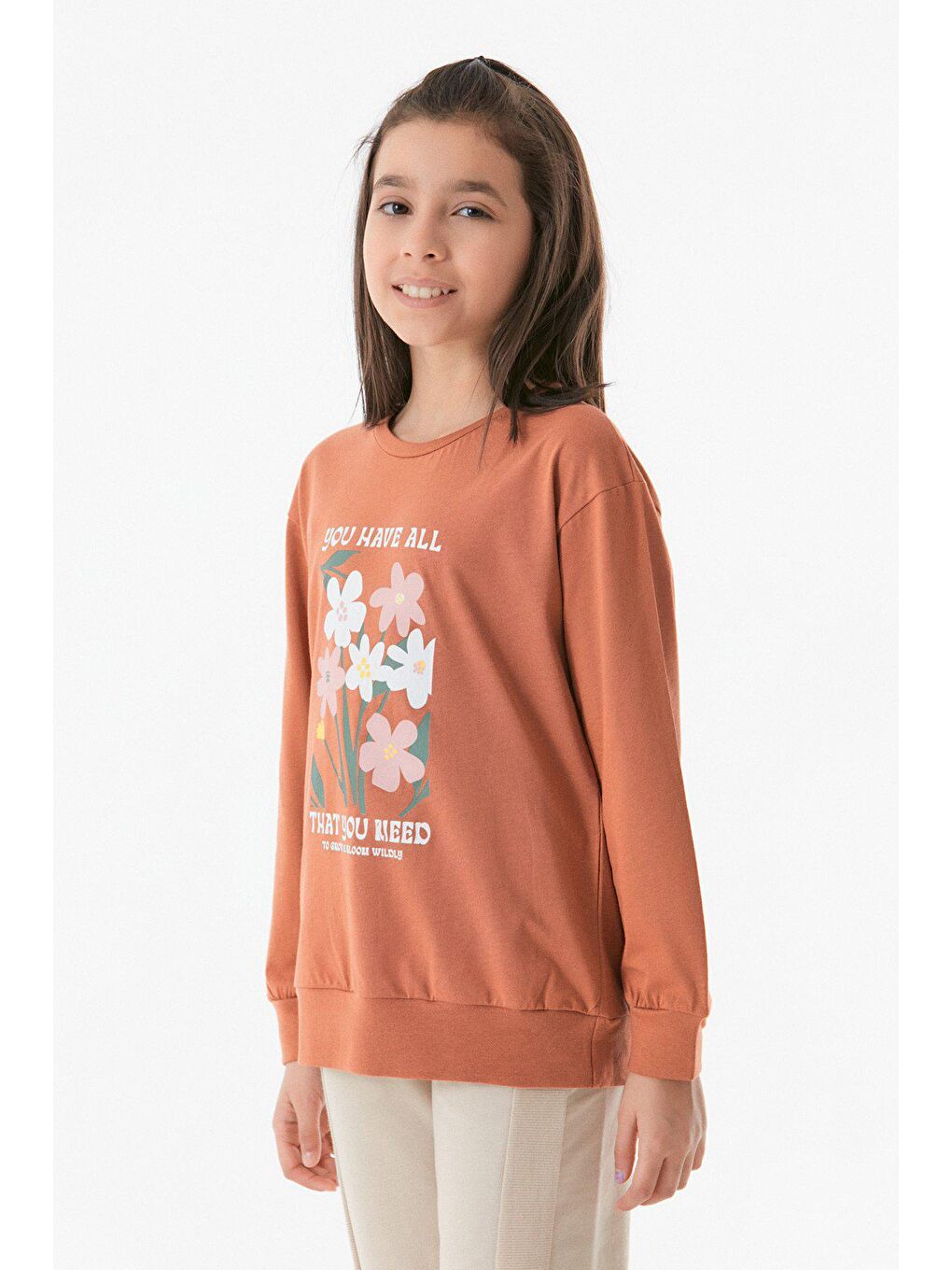 Kahverengi Baskılı Bisiklet Yaka Kız Çocuk Sweatshirt-2