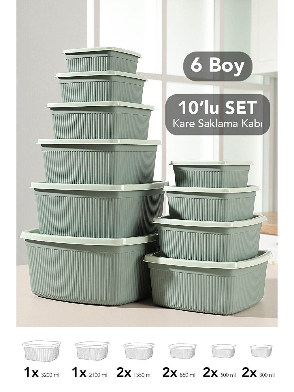 Yeşil 10'lu Çizgili Kare Erzak Gıda Saklama Kabı Seti