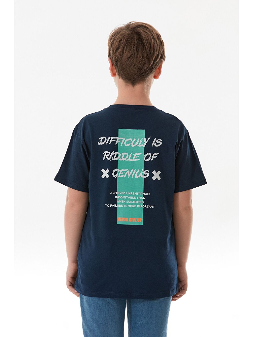 Lacivert Önü Ve Arkası Yazı Baskılı Erkek Çocuk Tişört-1