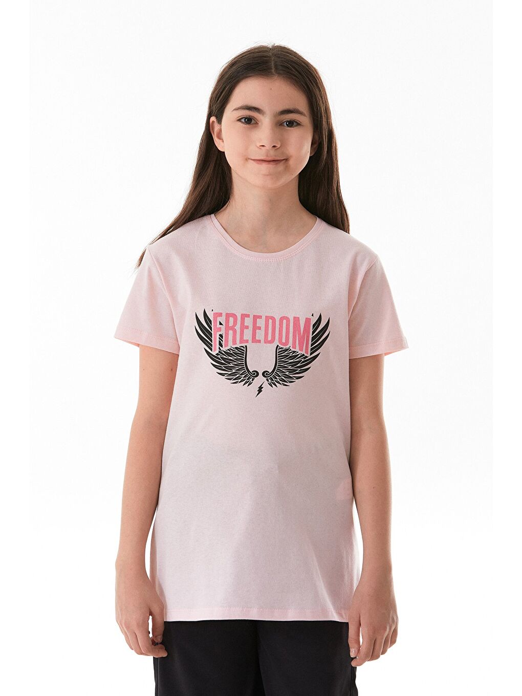 Pembe %100 Pamuk Freedom Yazı Baskılı Kız Çocuk Tişört-3