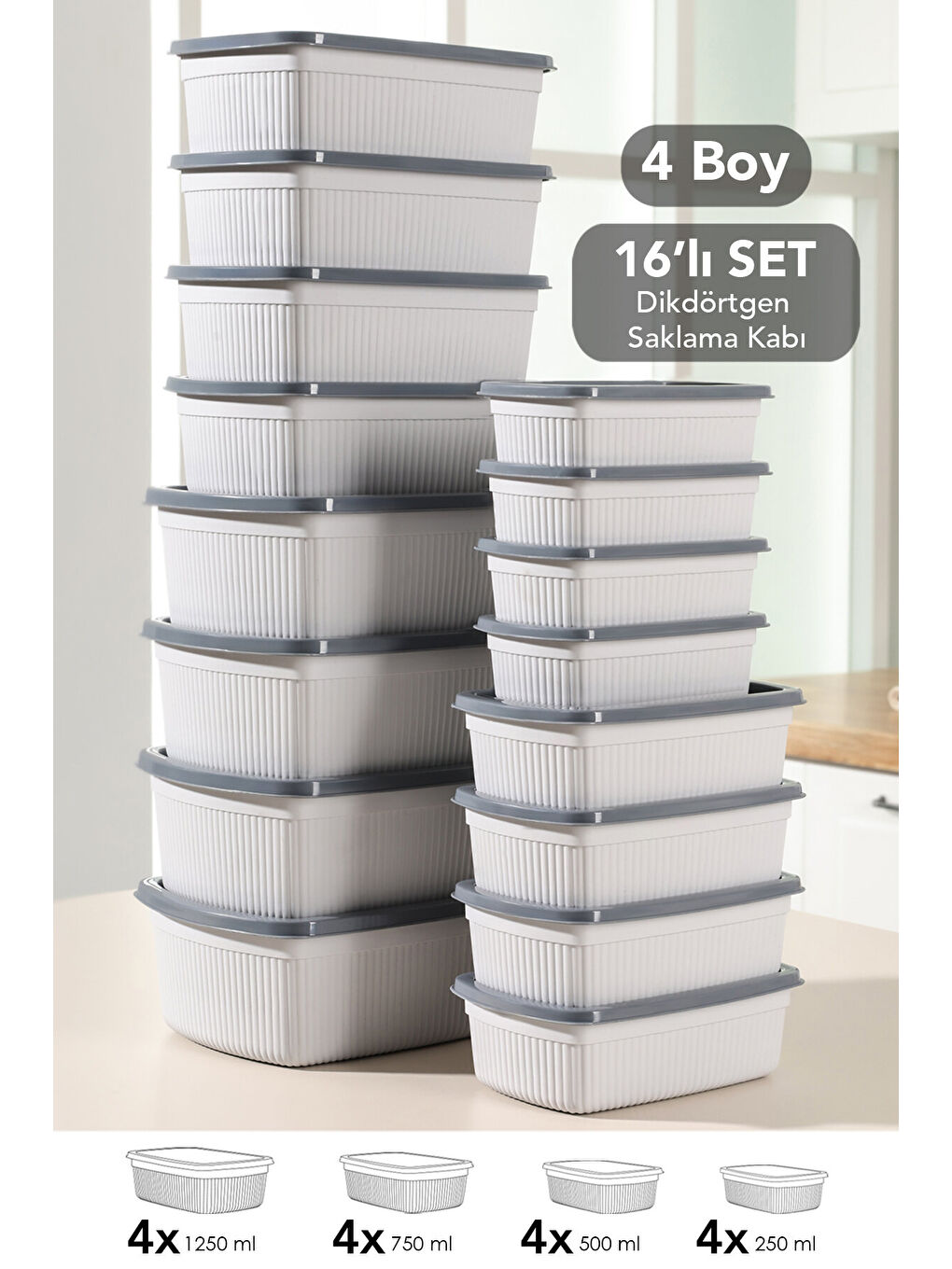 Gri 16'lı Çizgili Dikdörtgen Gıda Saklama Kabı Seti