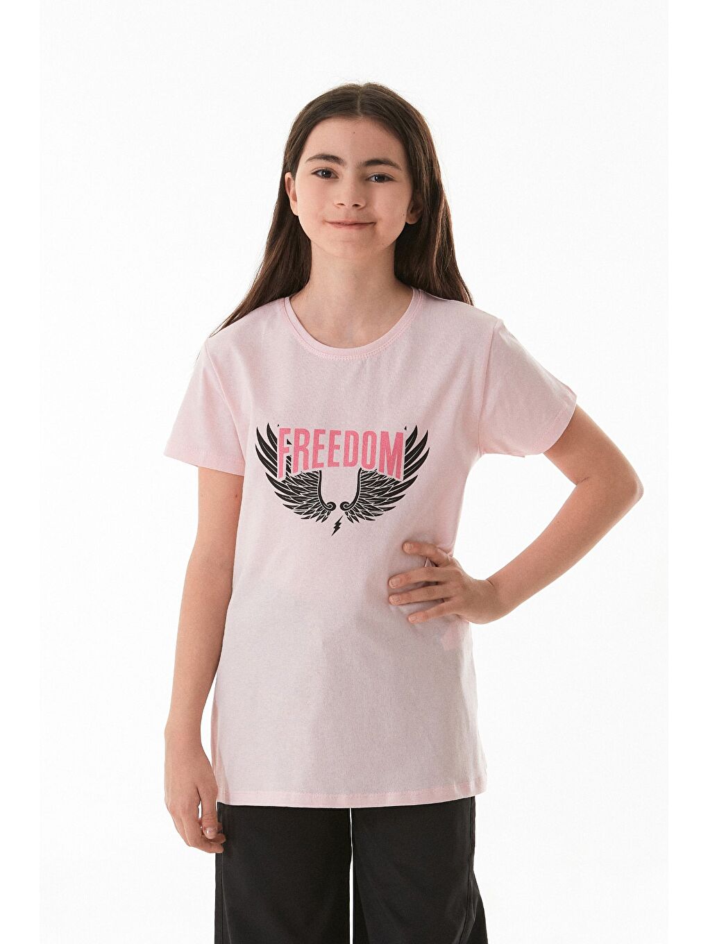 Pembe %100 Pamuk Freedom Yazı Baskılı Kız Çocuk Tişört-4