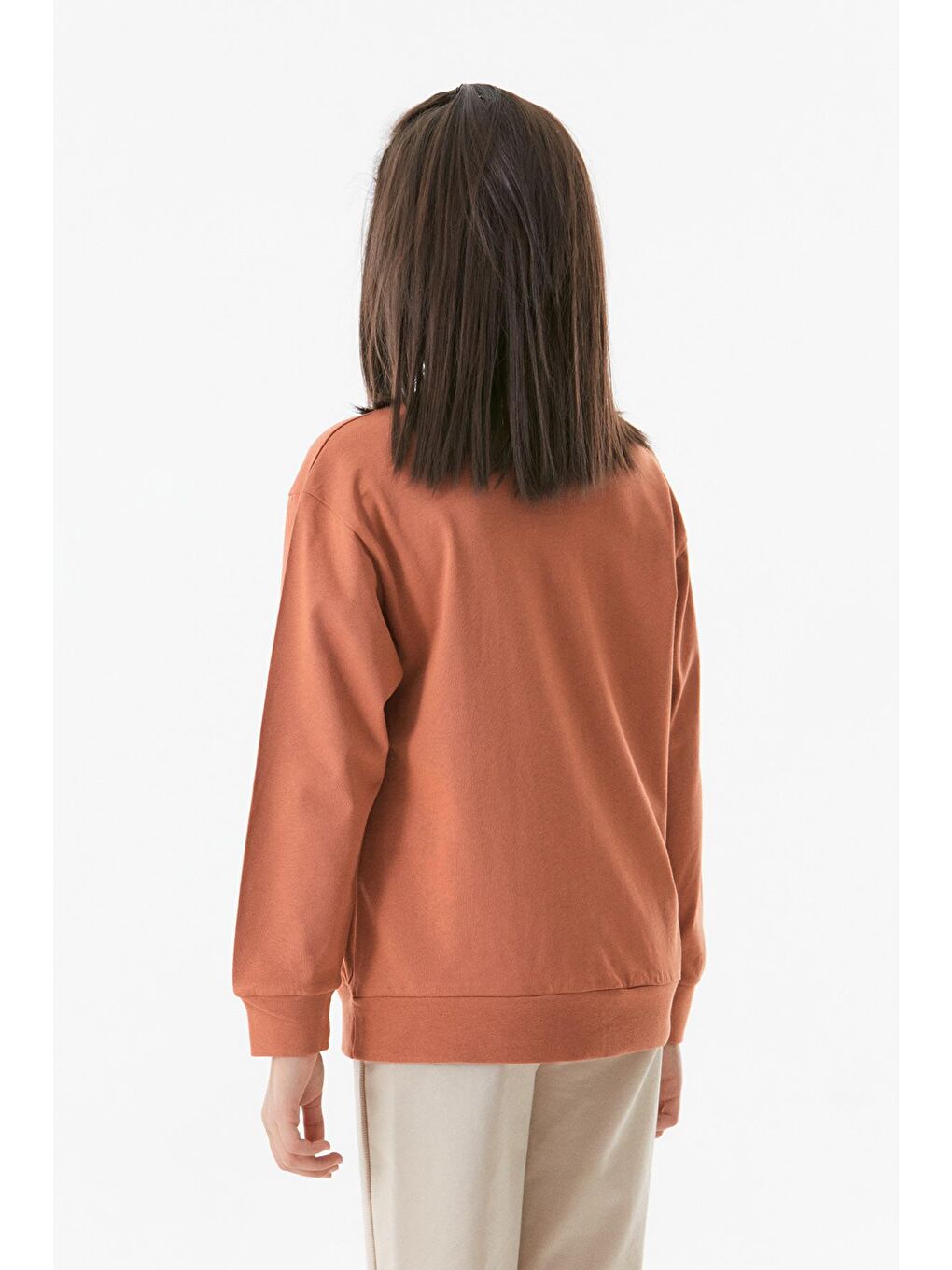 Kahverengi Baskılı Bisiklet Yaka Kız Çocuk Sweatshirt-3