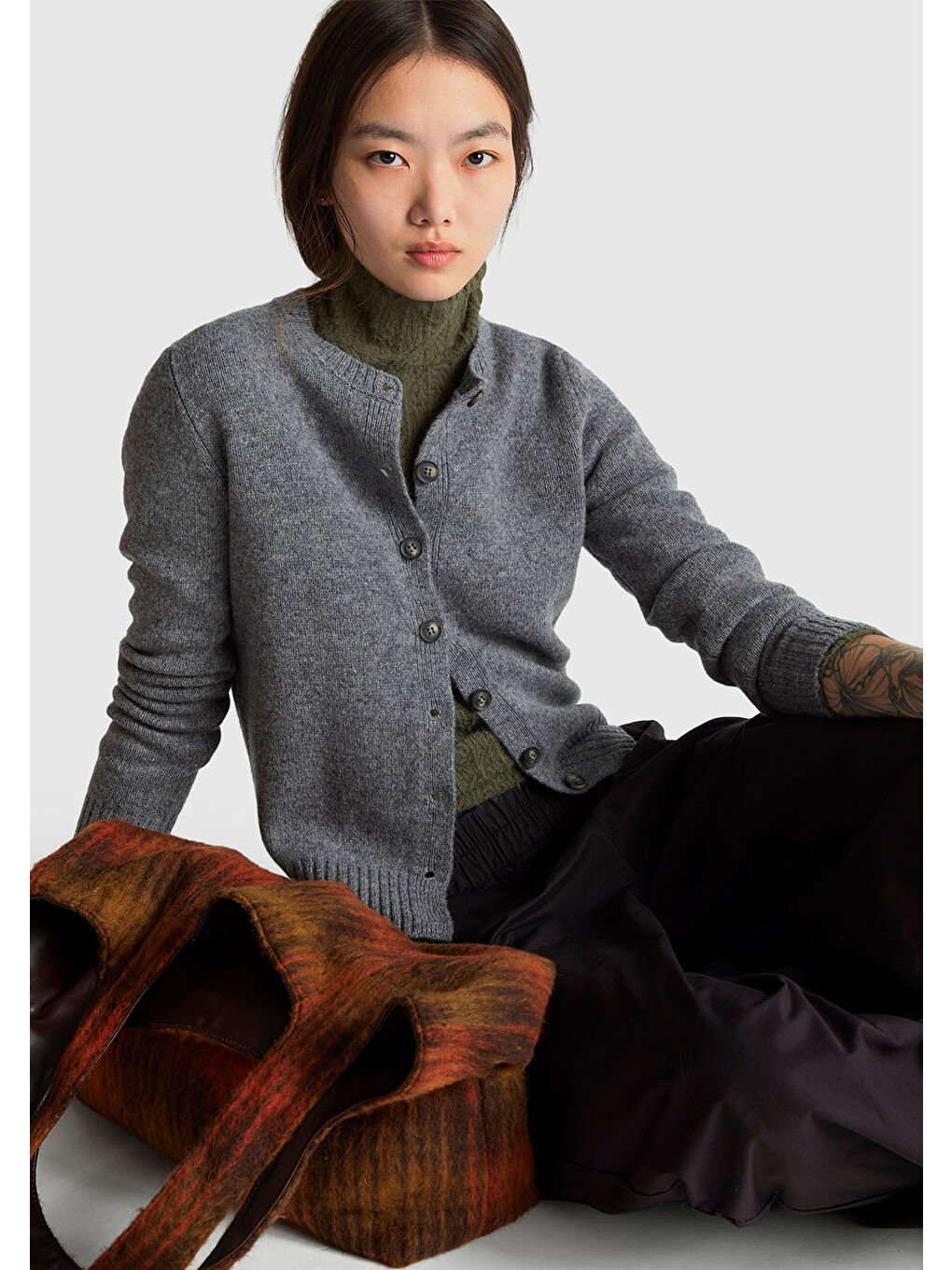 Gri Kadın Antrasit Melanj Shetland Hırka-4