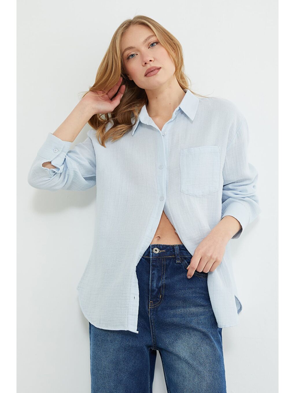 Mavi Tek Cepli Müslin Kumaş Salaş Gömlek-1