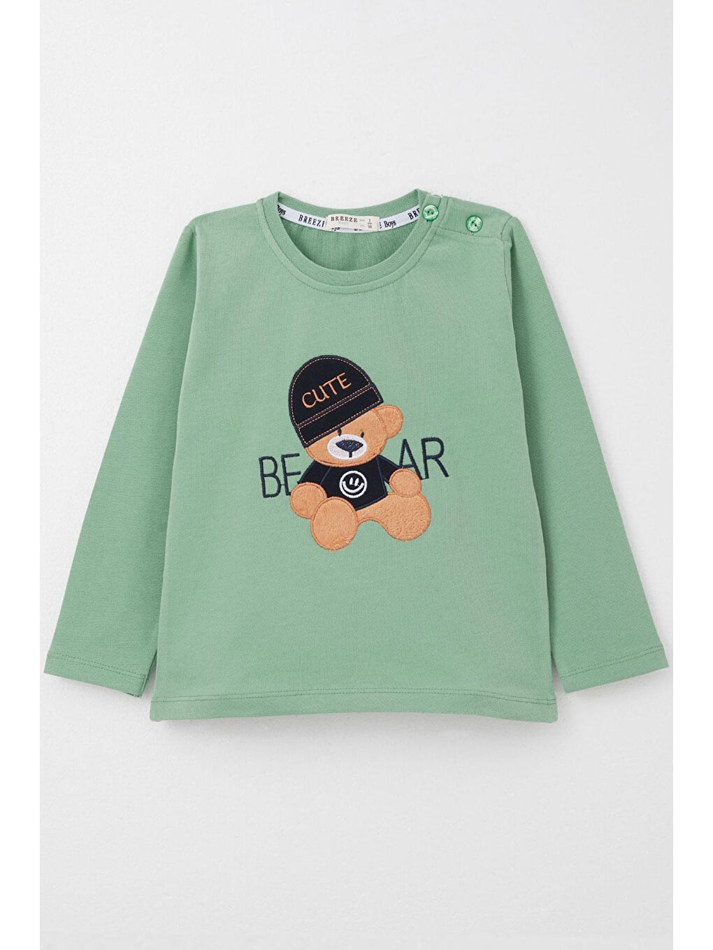 Turkuaz Erkek Bebek Uzun Kollu Tişört Havalı Ayıcık Nakışlı Mint Yeşili (9 Ay-3 Yaş)