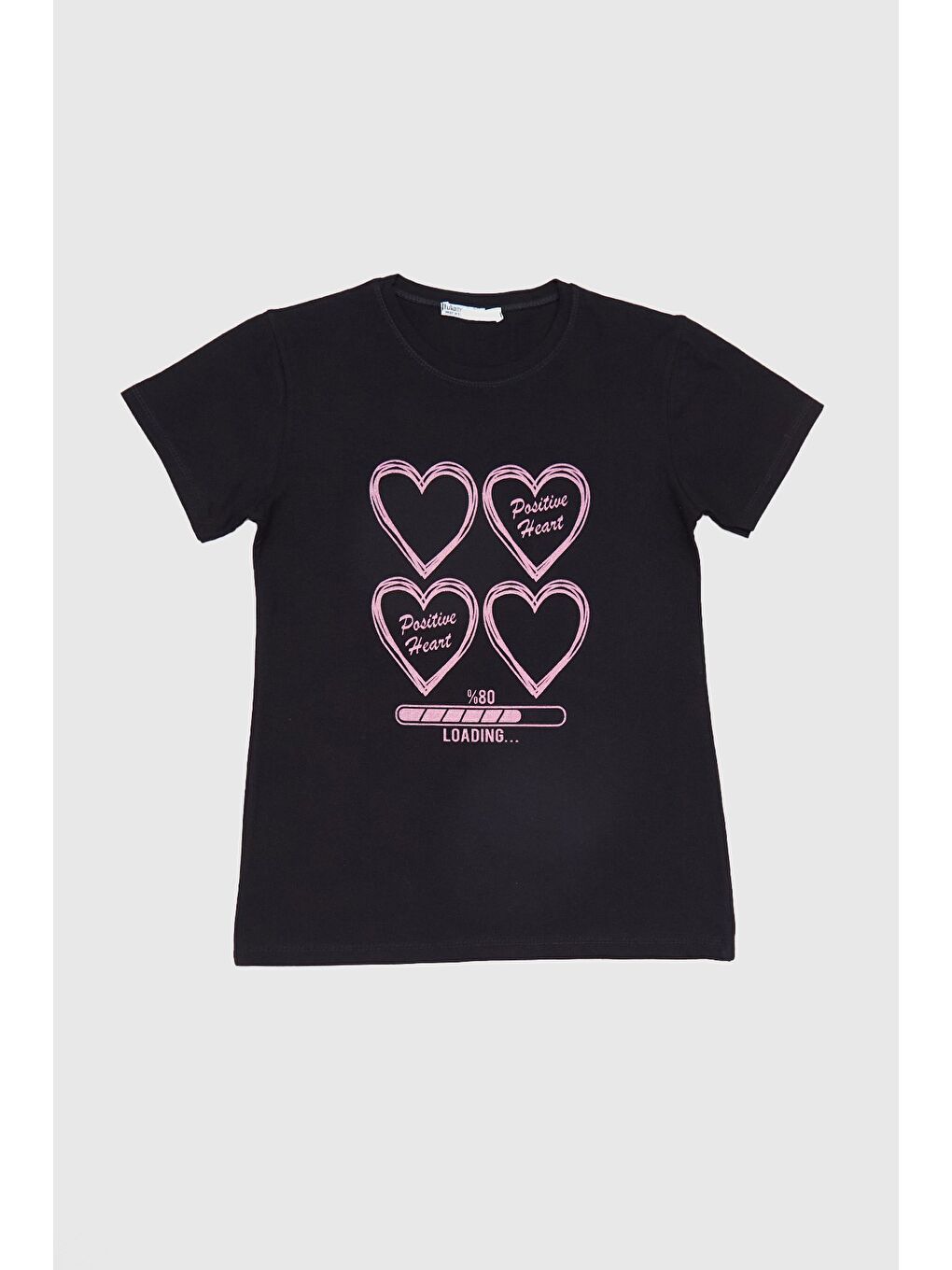 Siyah %100 Pamuk Kalp Baskılı Kız Çocuk Tişört