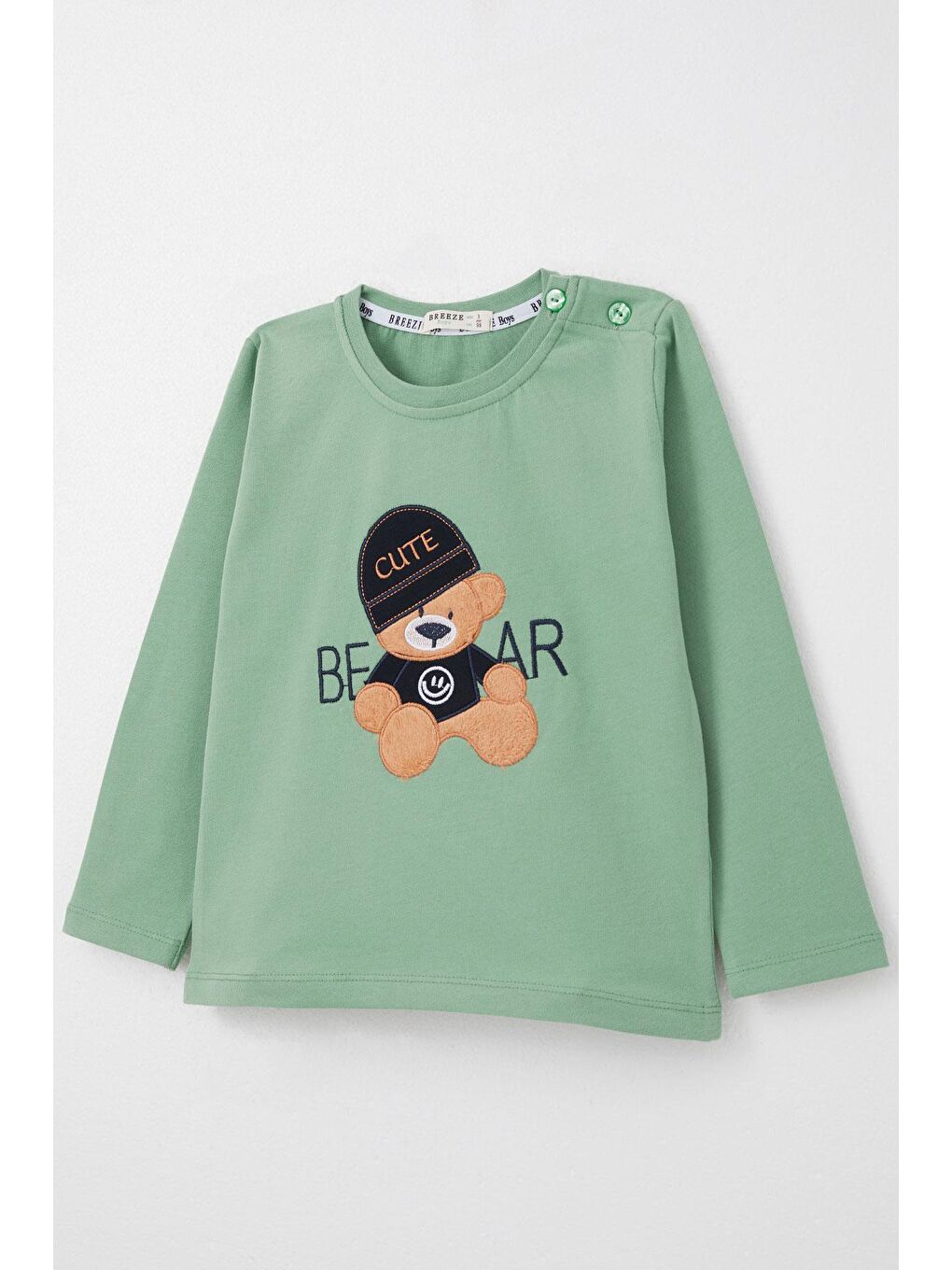 Turkuaz Erkek Bebek Uzun Kollu Tişört Havalı Ayıcık Nakışlı Mint Yeşili (9 Ay-3 Yaş)-2
