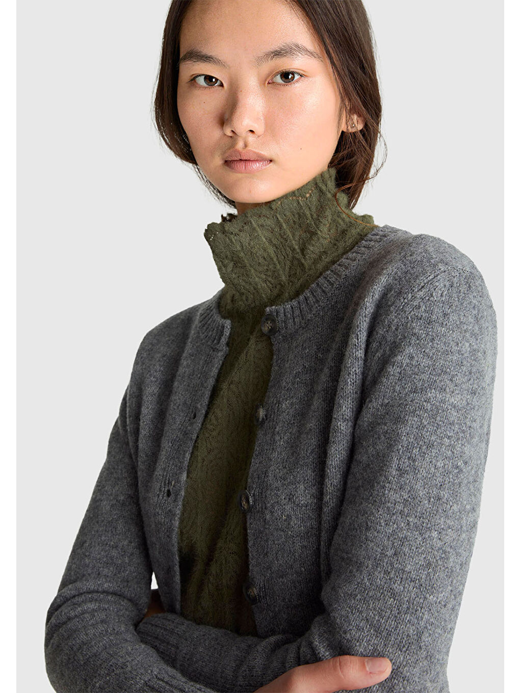 Gri Kadın Antrasit Melanj Shetland Hırka-5