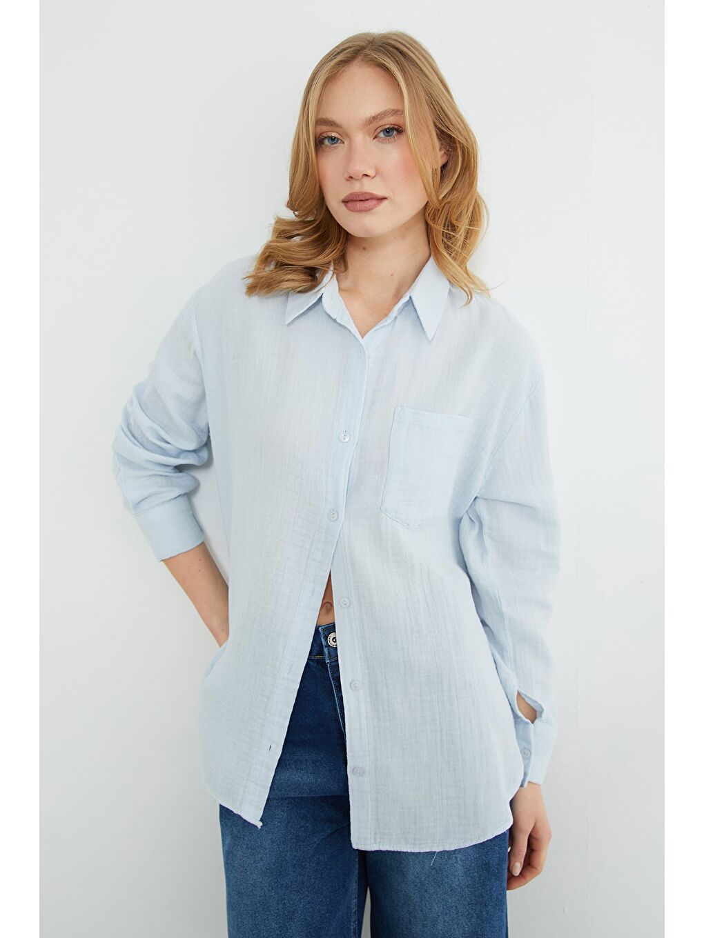 Mavi Tek Cepli Müslin Kumaş Salaş Gömlek-3