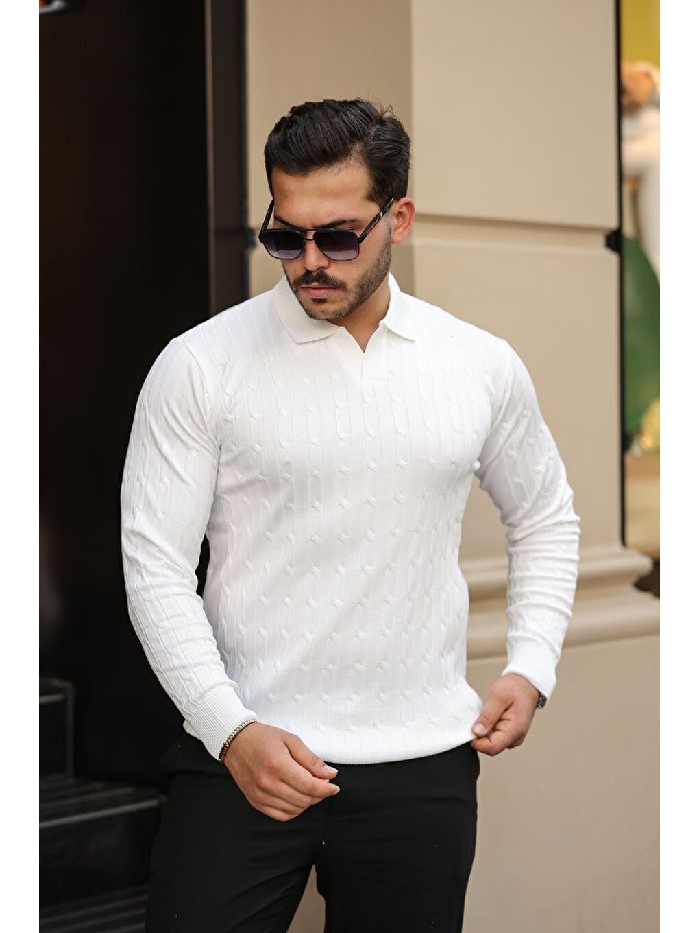 Beyaz Erkek Saç örgü Desen Uzun Kollu Triko-1