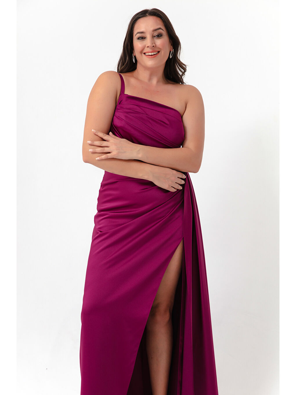 Kadın Mürdüm Tek Omuzlu Büyük Beden Saten Abiye & Mezuniyet Elbisesi-2