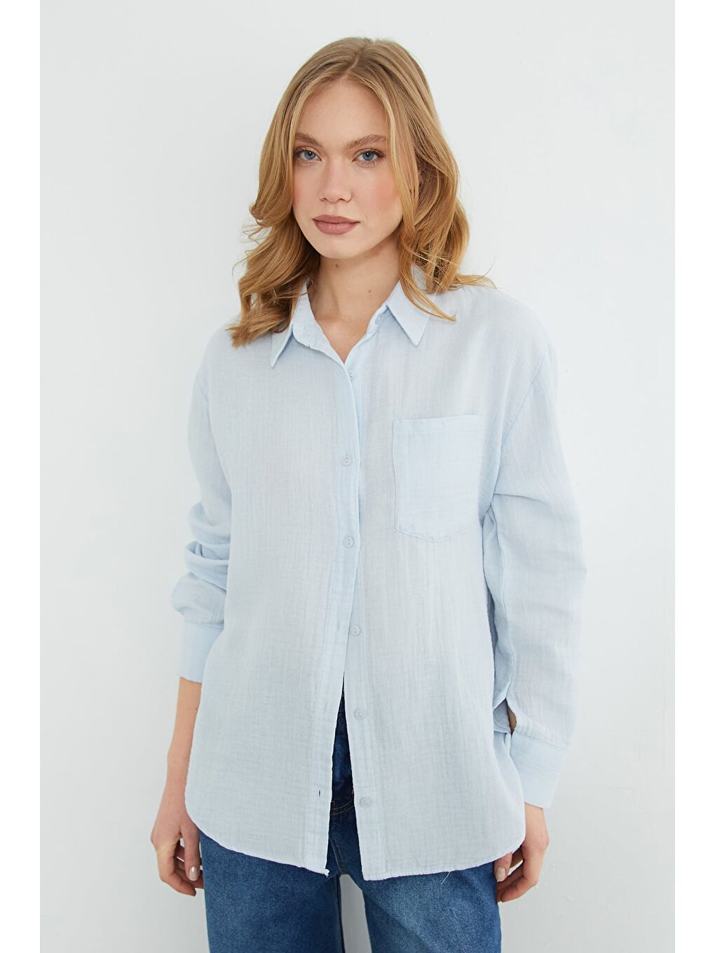 Mavi Tek Cepli Müslin Kumaş Salaş Gömlek-4