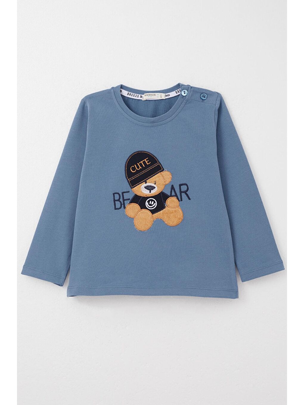 Erkek Bebek Uzun Kollu Tişört Havalı Ayıcık Nakışlı İndigo (9 Ay-3 Yaş)