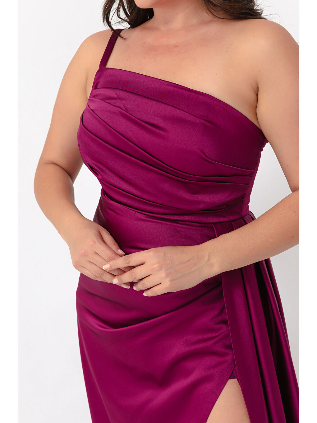 Kadın Mürdüm Tek Omuzlu Büyük Beden Saten Abiye & Mezuniyet Elbisesi-3