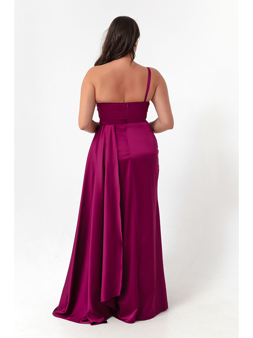 Kadın Mürdüm Tek Omuzlu Büyük Beden Saten Abiye & Mezuniyet Elbisesi-4