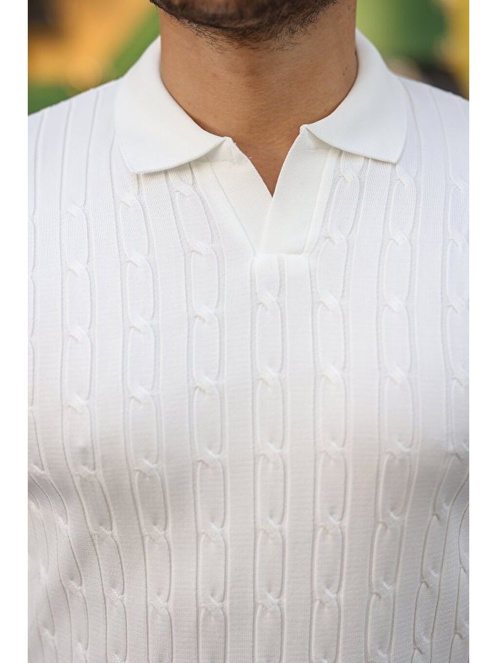 Beyaz Erkek Saç örgü Desen Uzun Kollu Triko-2