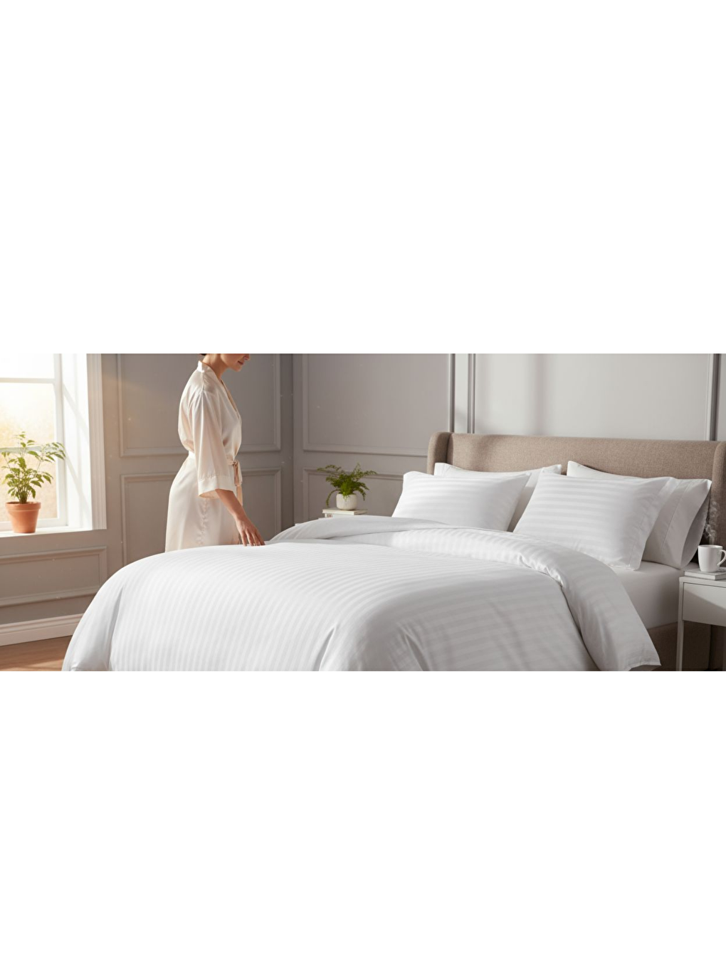 Beyaz Nivora Çizgili Pamuk Saten Nevresim Takımı | Çift Kişilik | 83 Tel Otel Serisi | King Size 220x230-8