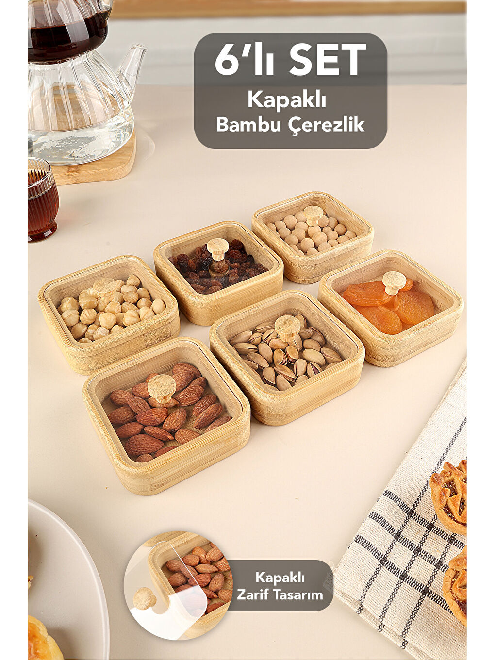 Bej 6'lı Kapaklı Bambu Çerezlik Seti