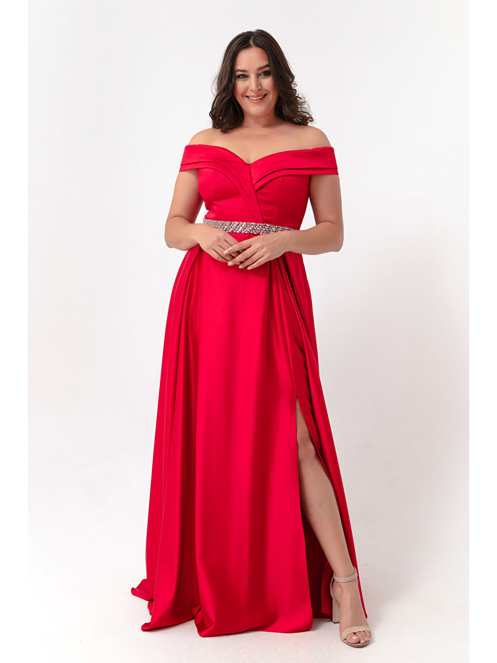 Kadın Kırmızı Kayık Yaka Taşlı Kemerli Büyük Beden Abiye Elbise-1