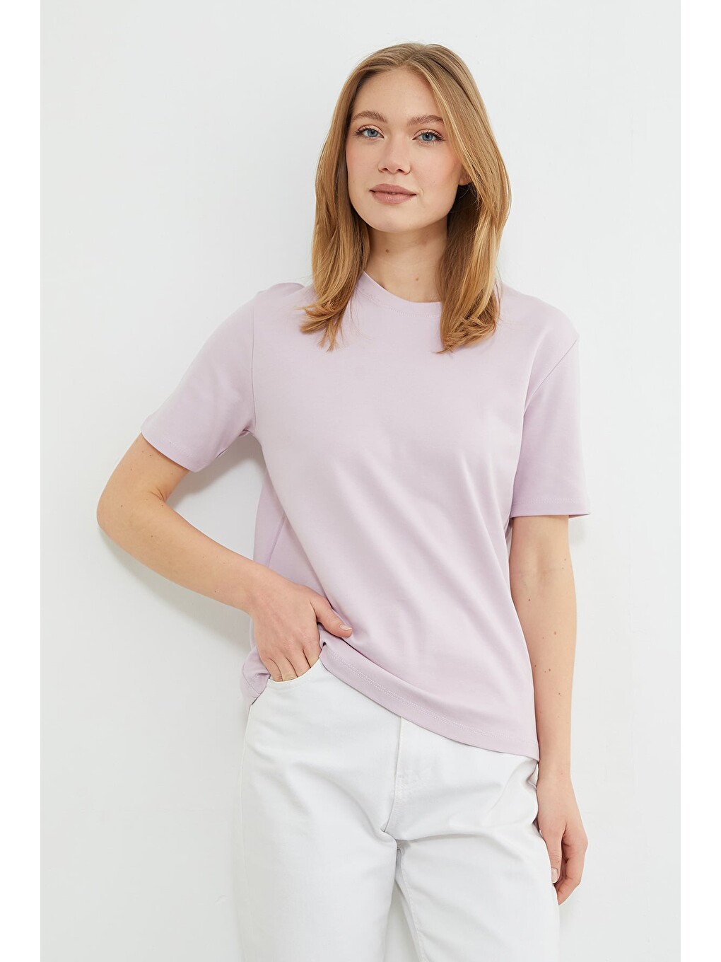 Lila Basic Bisiklet Yaka Salaş Tişört-1