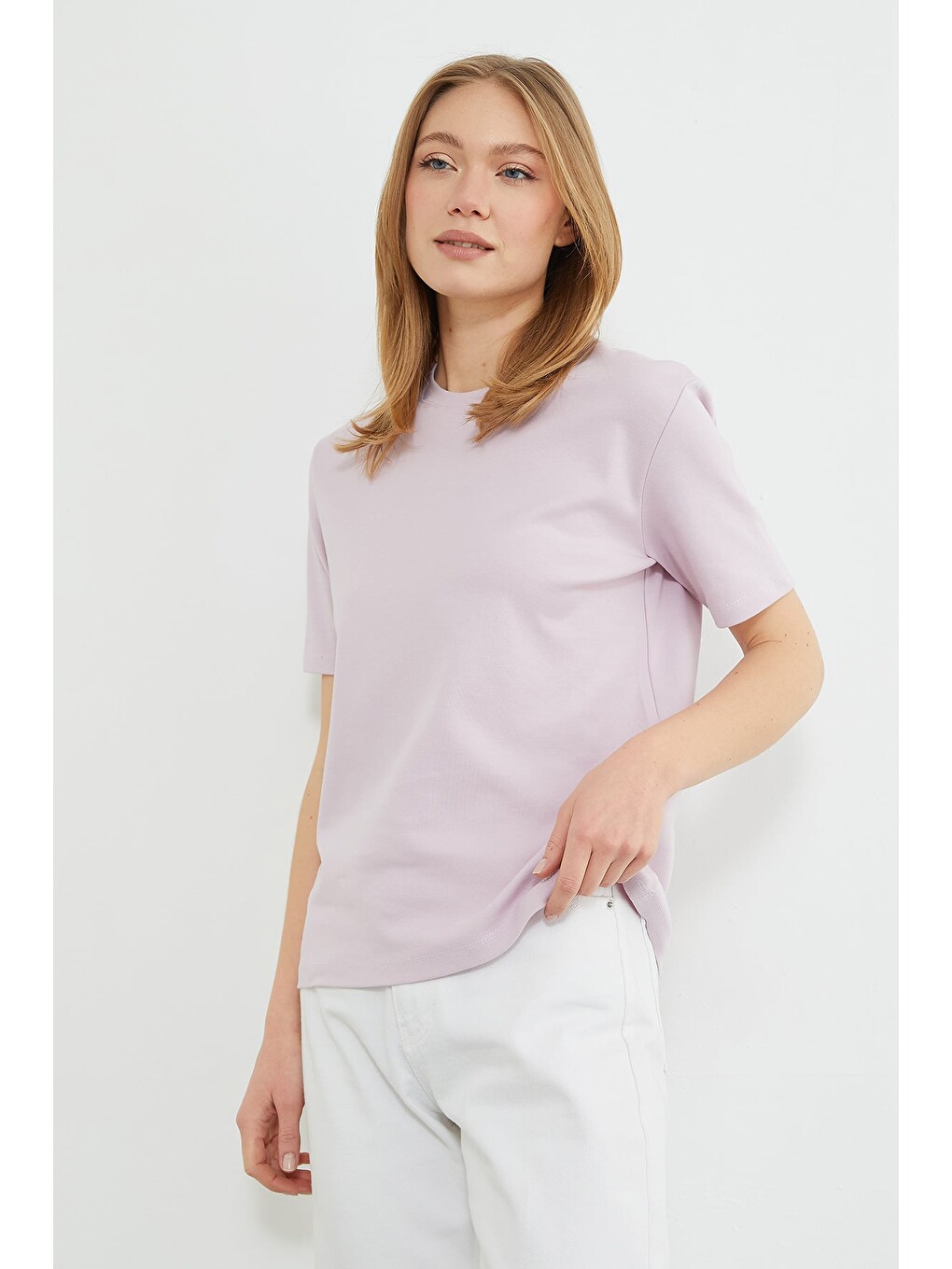 Lila Basic Bisiklet Yaka Salaş Tişört-3