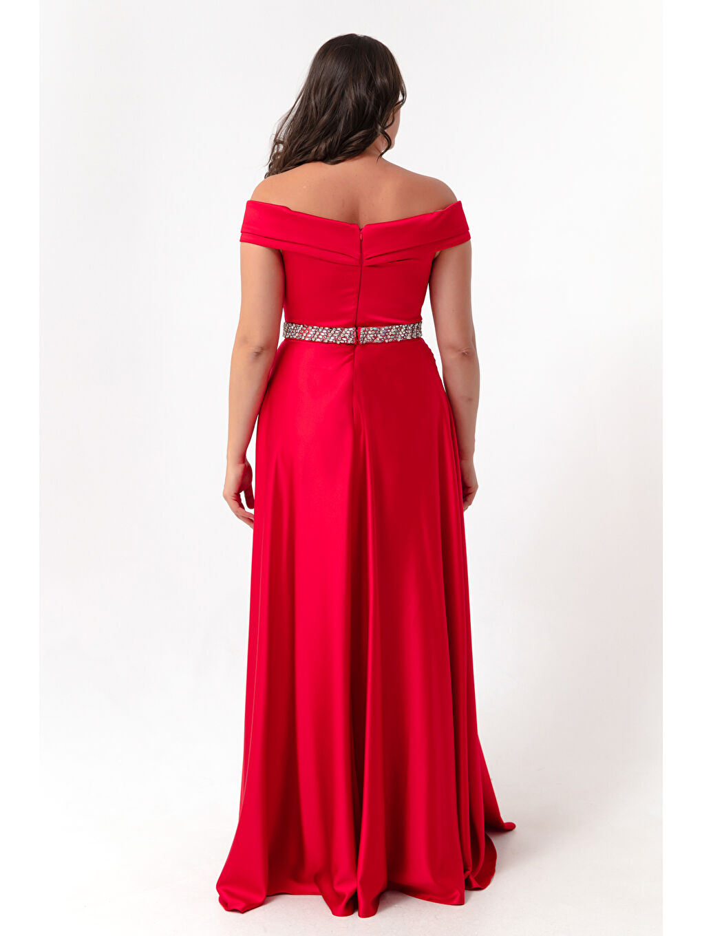 Kadın Kırmızı Kayık Yaka Taşlı Kemerli Büyük Beden Abiye Elbise-4