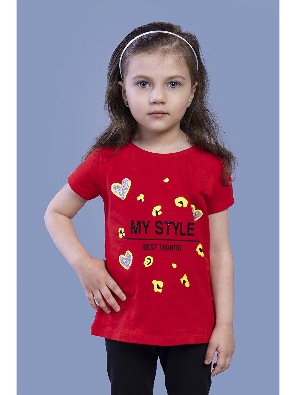 Kırmızı Kız Çocuk Kalp Baskılı Tişört