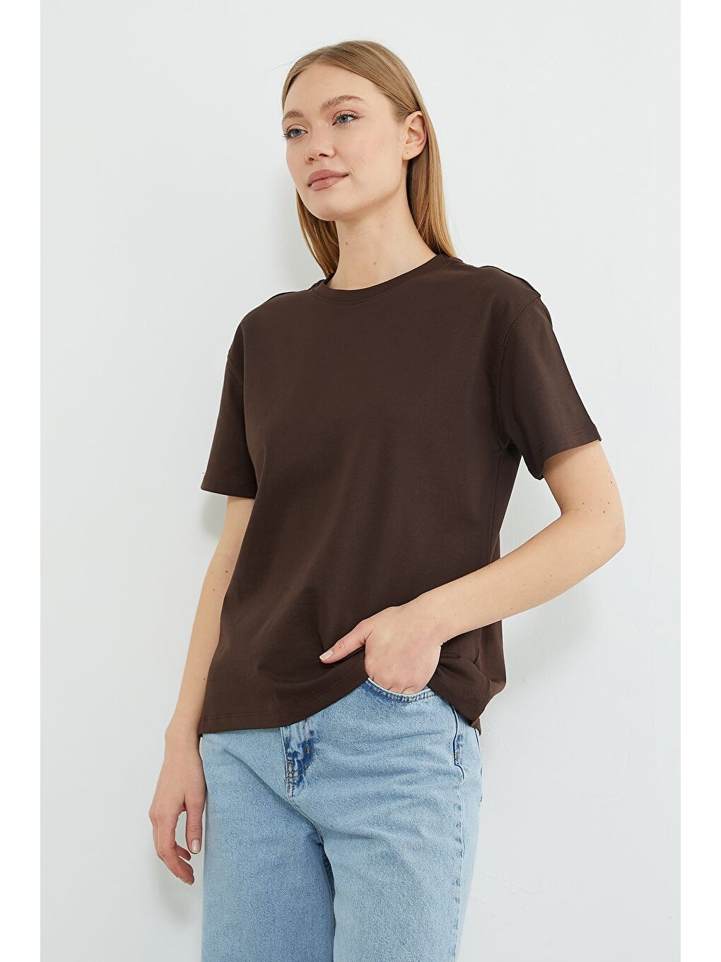 Kahverengi Basic Bisiklet Yaka Tişört-3