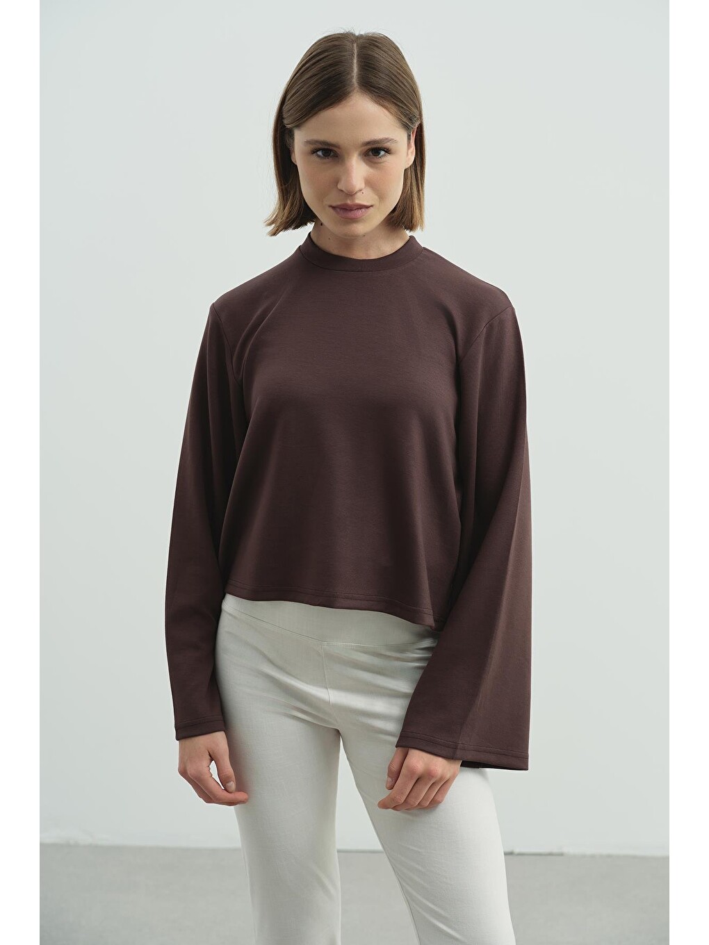 Oversize Basic Kısa Sweatshirt 981 Kahverengi