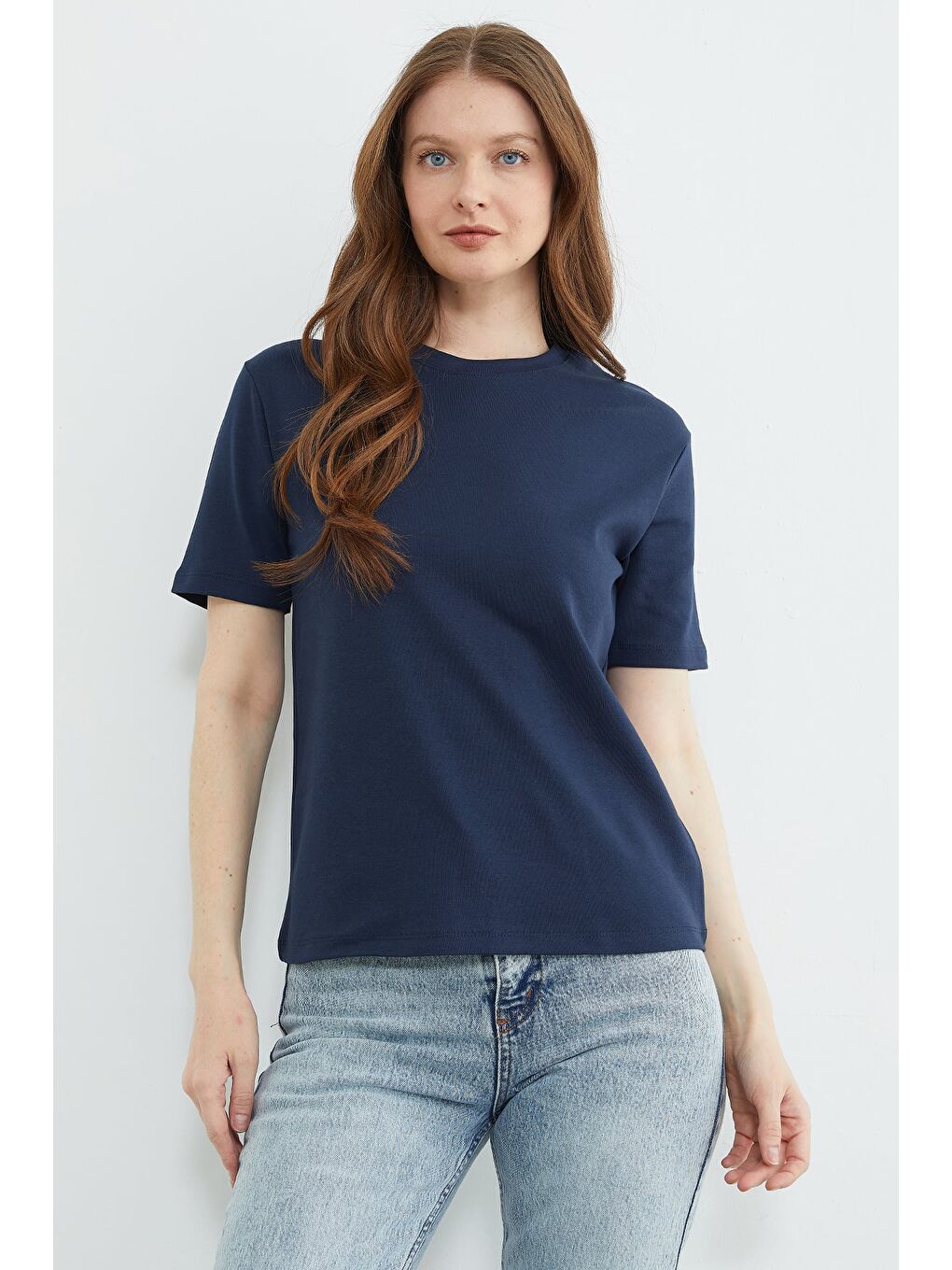 Lacivert Basic Bisiklet Yaka Salaş Tişört