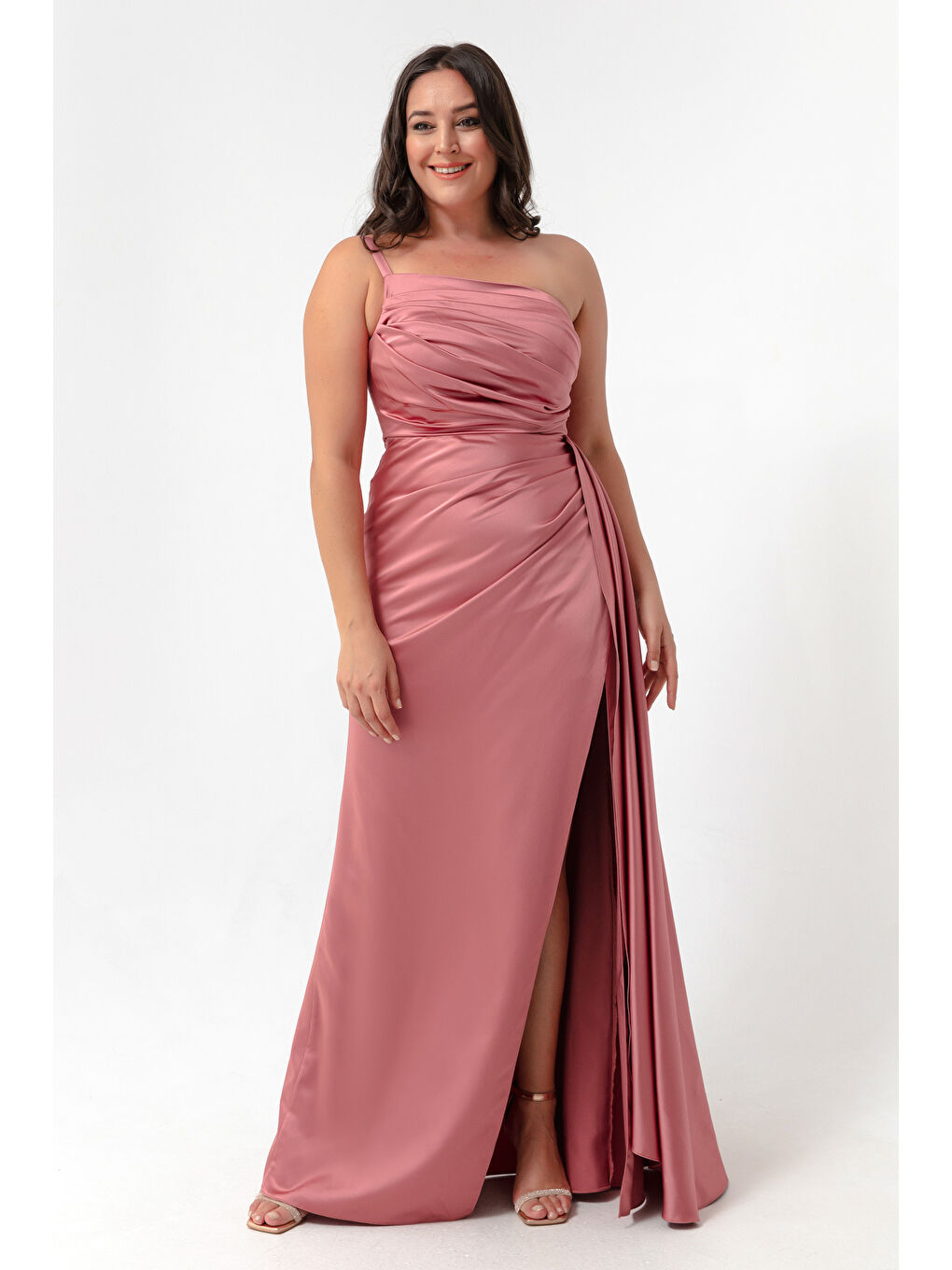 Pembe Kadın Pudra Tek Omuzlu Büyük Beden Saten Abiye & Mezuniyet Elbisesi-1