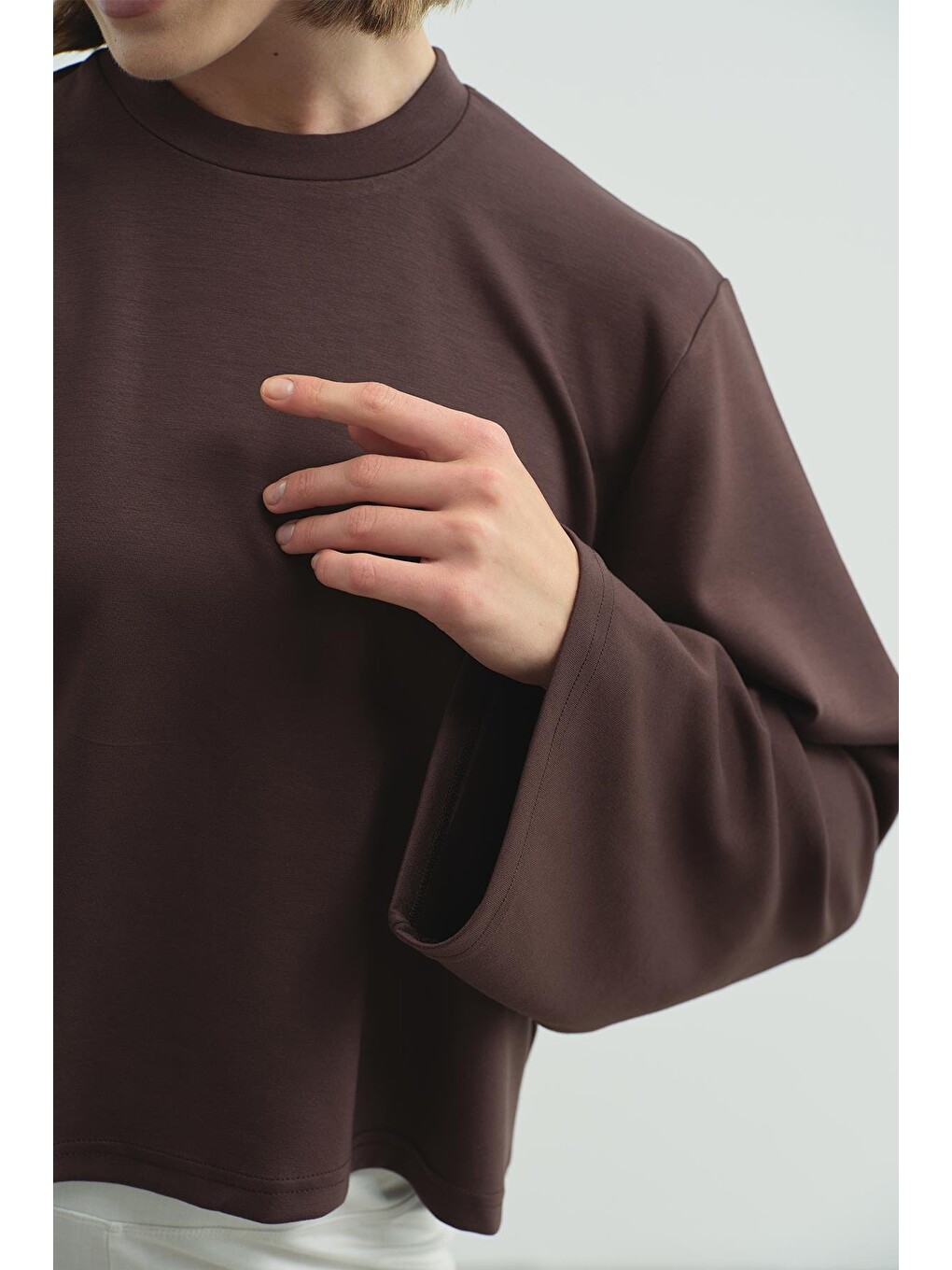 Oversize Basic Kısa Sweatshirt 981 Kahverengi-2