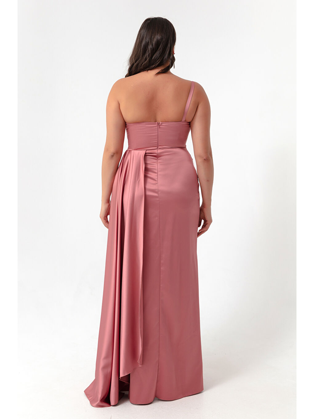 Pembe Kadın Pudra Tek Omuzlu Büyük Beden Saten Abiye & Mezuniyet Elbisesi-4