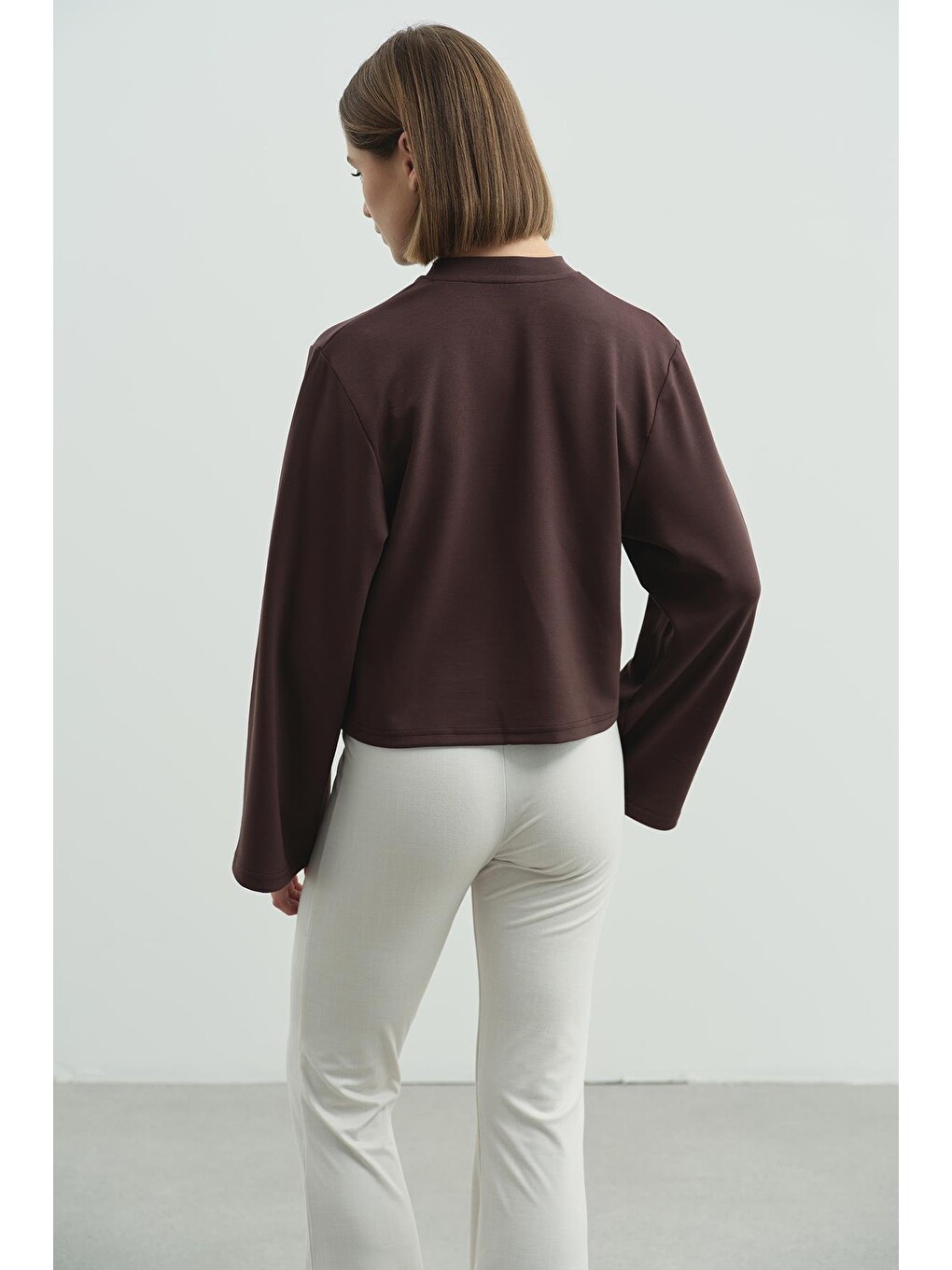 Oversize Basic Kısa Sweatshirt 981 Kahverengi-3