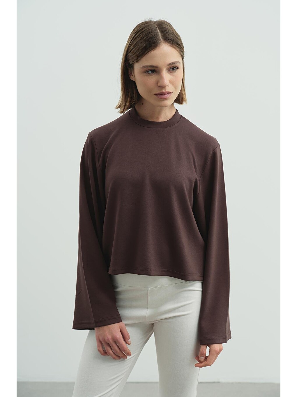 Oversize Basic Kısa Sweatshirt 981 Kahverengi-4