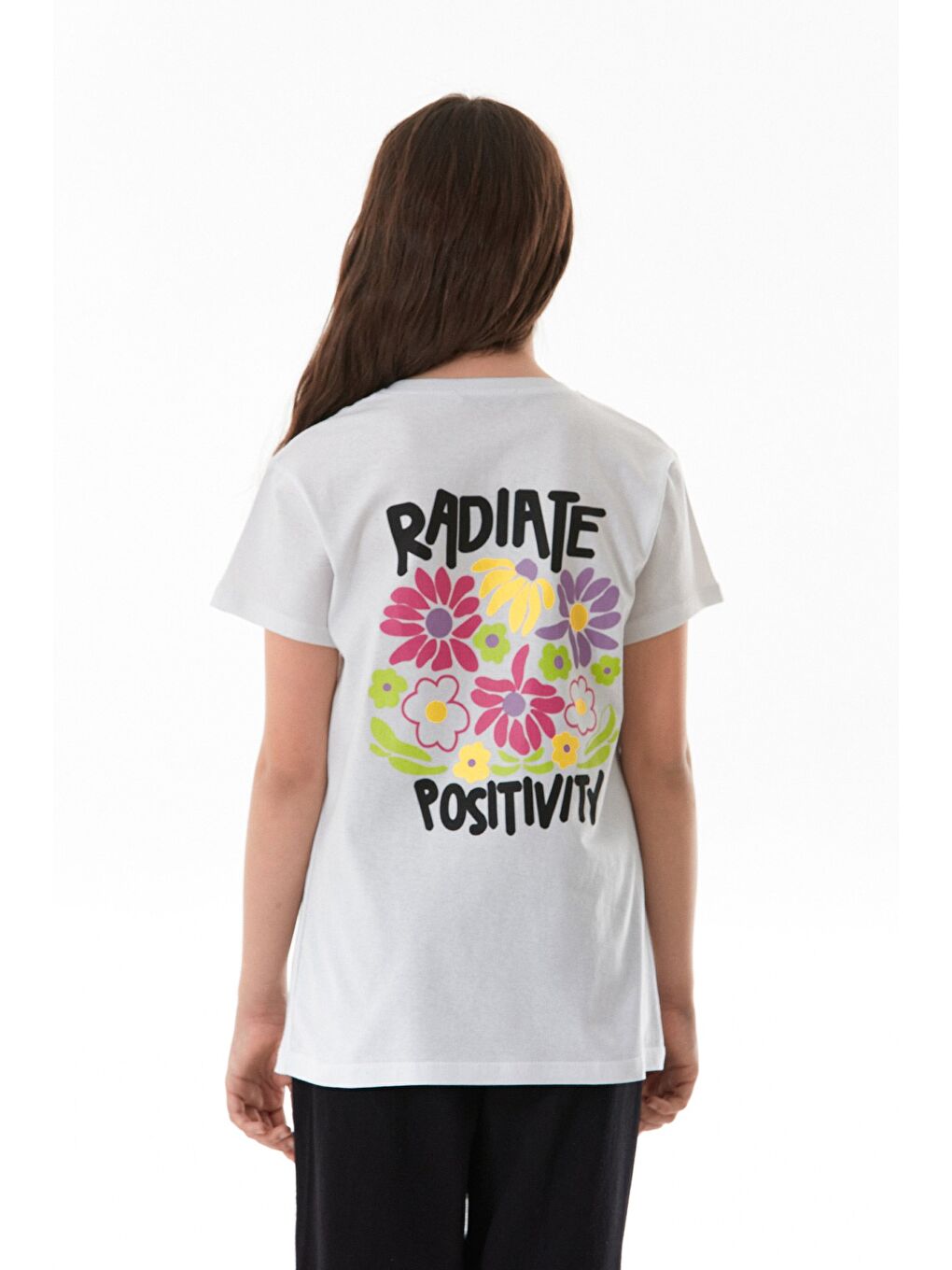 Beyaz %100 Pamuk Önü Ve Arkası Yazı Baskılı Kız Çocuk Tişört-1